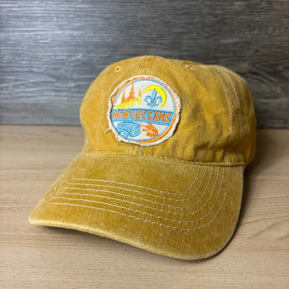New Orleans Hat Cap Strap Back Yellow Distressed Patch Adjustable